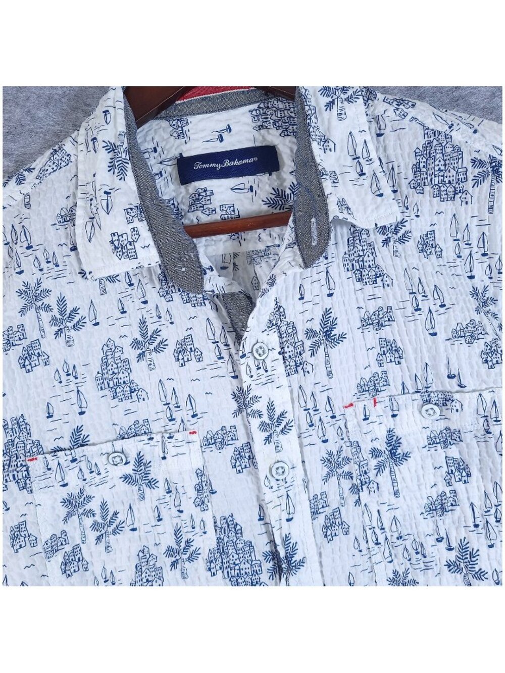 Tommy Bahama Santorini Sails Stretch Cotton Camp Shirt Large White Blue T316315